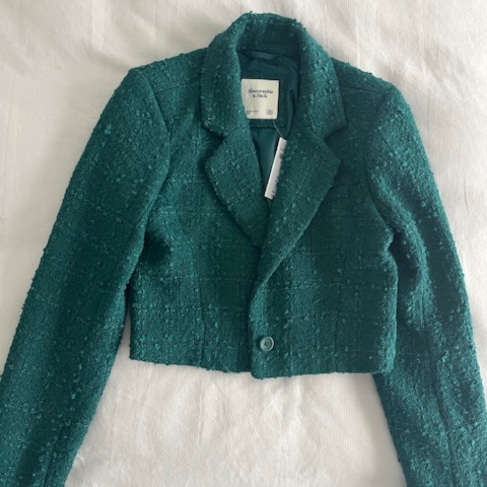 NWT Abercrombie & Fitch Tweed Crop Tailored Jacket Blazer Emerald Green XXS A&F - Picture 4 of 6